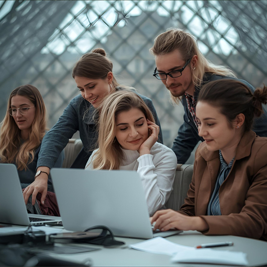 EIne Gruppe junger Menschen beim Coworking mit Laptops, unter der ikonischen Galaxipark Glaspyramide