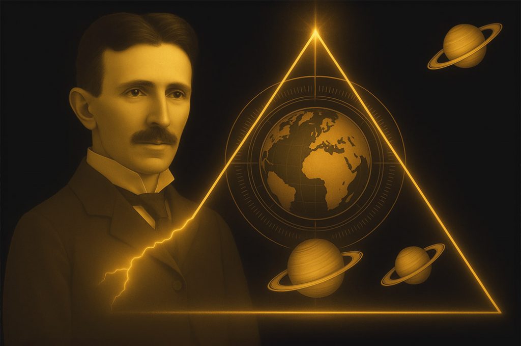 Die Symbolik von Galaxipark: Nikola Tesla hinter einem leuchtenden Dreieck - Symbolik der Nummerologie der Zahl 3. Die Erde und Planeten sind innerhalb des Dreiecks.