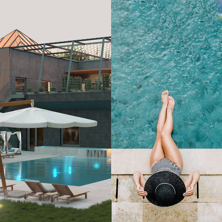 mittelgroßer beleuchteter Außenpool vor dem Galaxipark Hauptgebäude, Frau im Badeanzug relaxt am Wasser