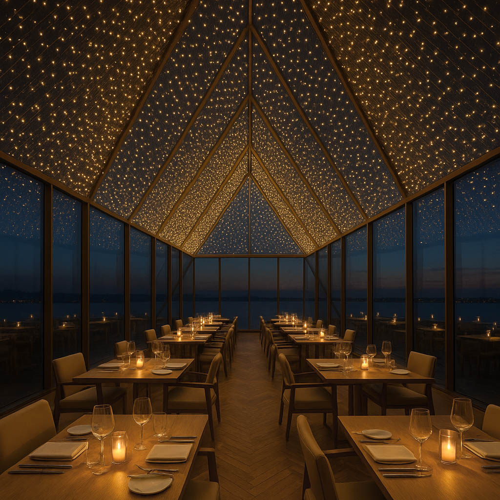 Restaurant Raum mit verglaster Decke und einem LED Sternenhimmel