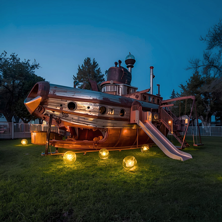Ein futuristischer Spielplatz: Ein gestrandetes Raumschiff im steampunk Stil im Gras. Es birgt Rutschen, leuchtende Kugeln und Kletterseile.