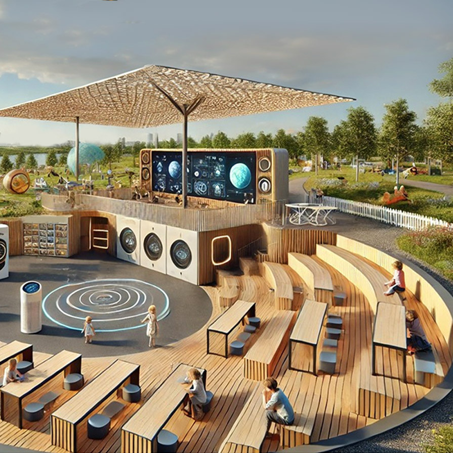 Freiluftbühne mit Sitzbänken, einem Sound System und einem großen Bildschirm