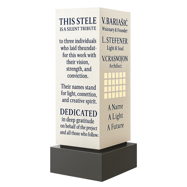 Ein Bild der Gründerstele mit dem Namen des Gründers und der ersten 2 Mitwirkenden.