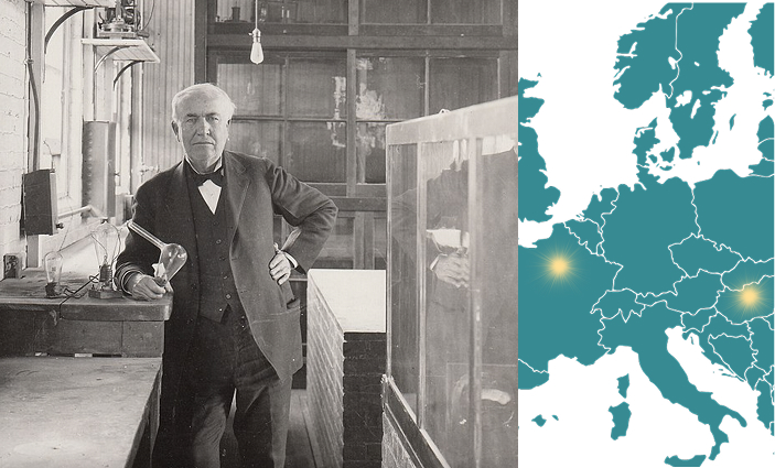 photography of Thomas Edison with a lightbulb