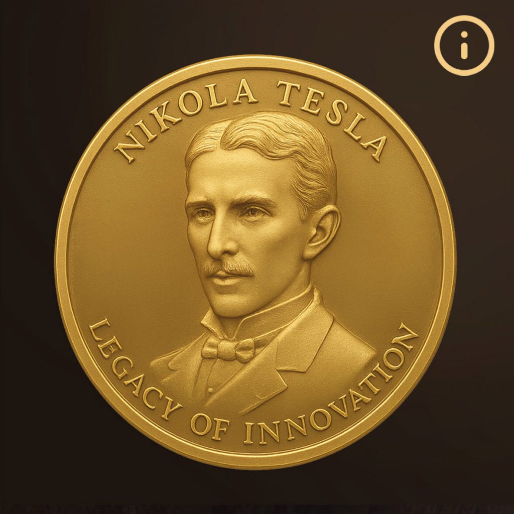 goldene Münze mit dem Relief von Nikola Tesla