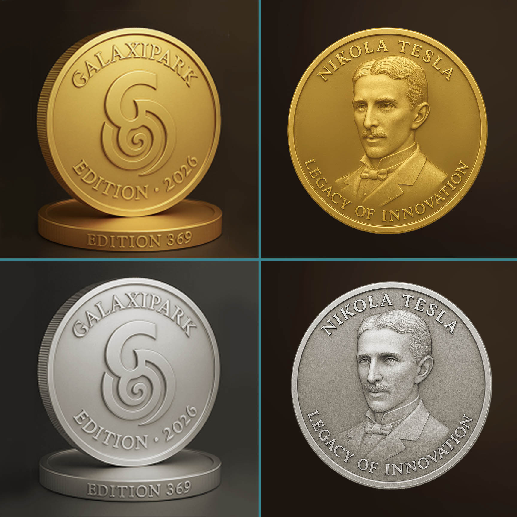 a silver coin and a gold coin, both featuring the portrait of Nikola Tesla, as well as the galaxipark Logo