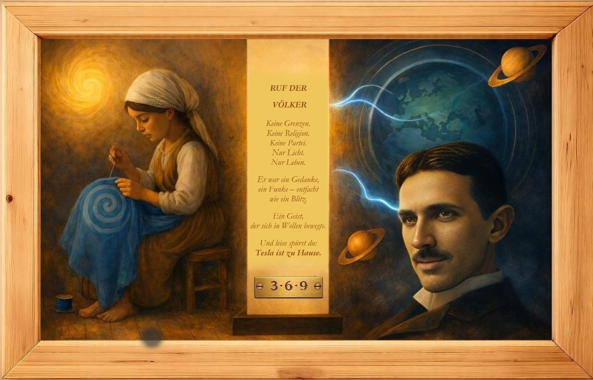 eine Bildkollage mit Nikola Tesla, einem Kind das Stickt und einem Gedicht