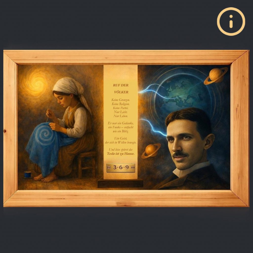 eine Bildkollage mit Nikola Tesla, einem Kind das Stickt und einem Gedicht