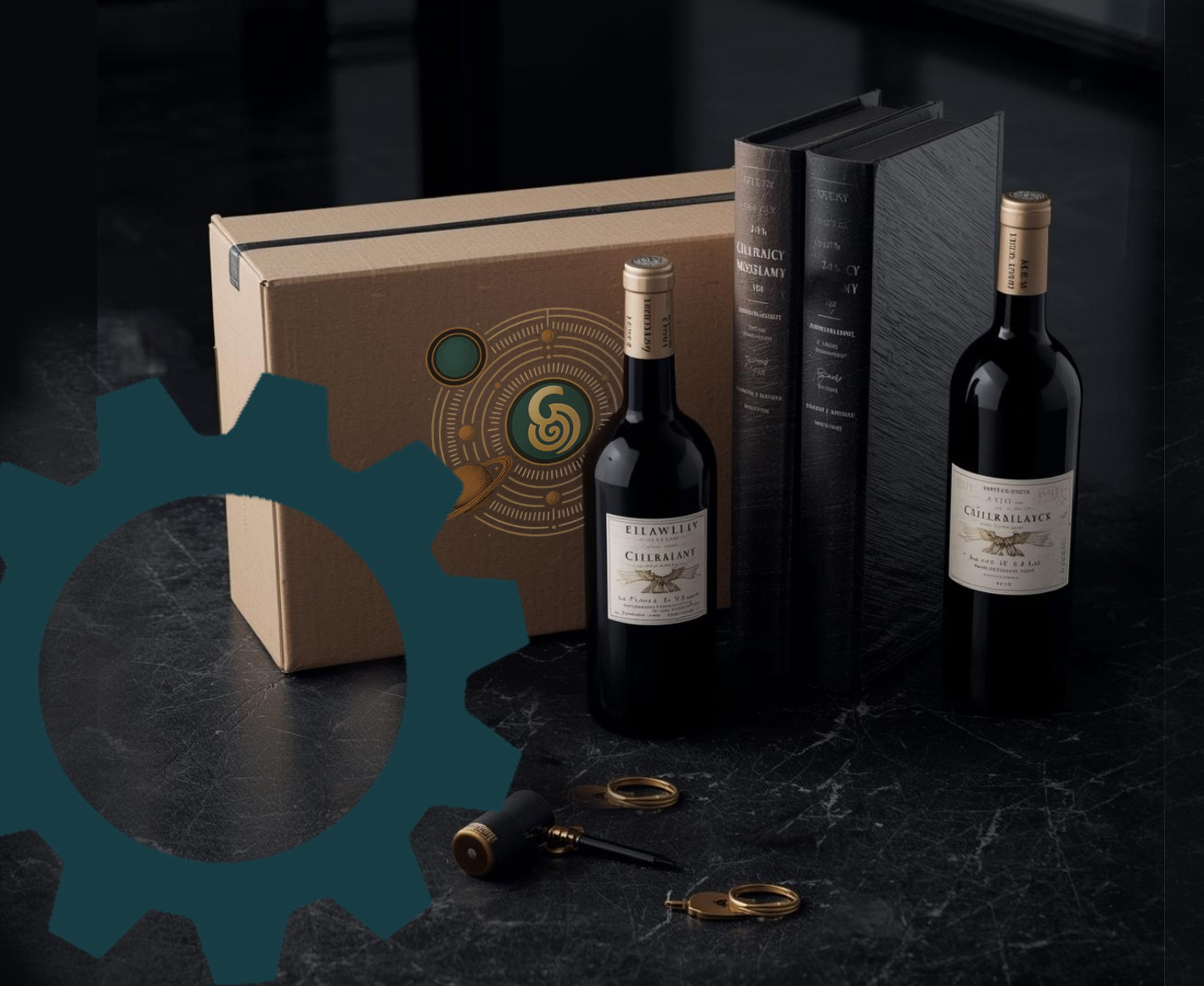 ein Karton mit Wein, Büchern und einem Schlüsselanhänger