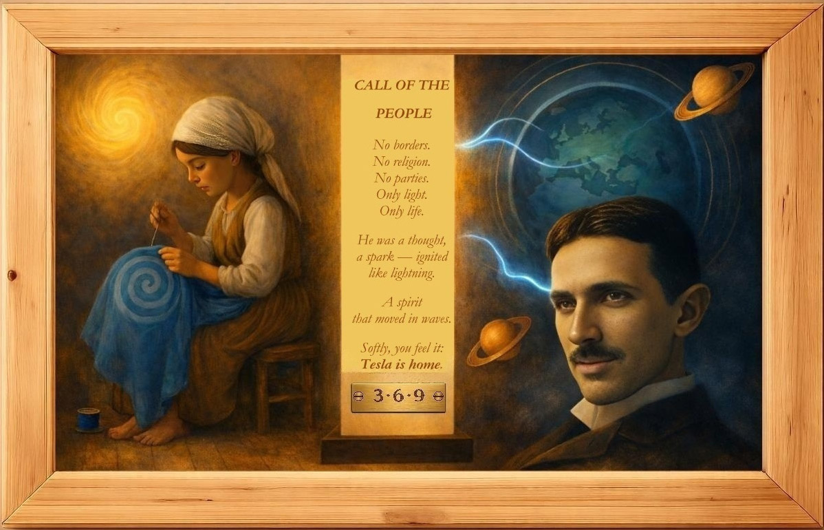 eine Bildkollage mit Nikola Tesla, einem Kind das Stickt und einem Gedicht