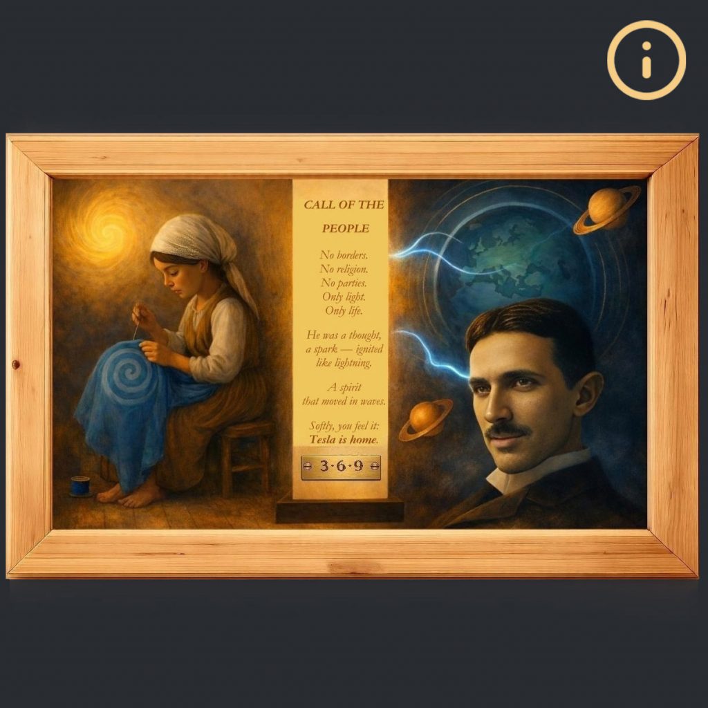 eine Bildkollage mit Nikola Tesla, einem Kind das Stickt und einem Gedicht