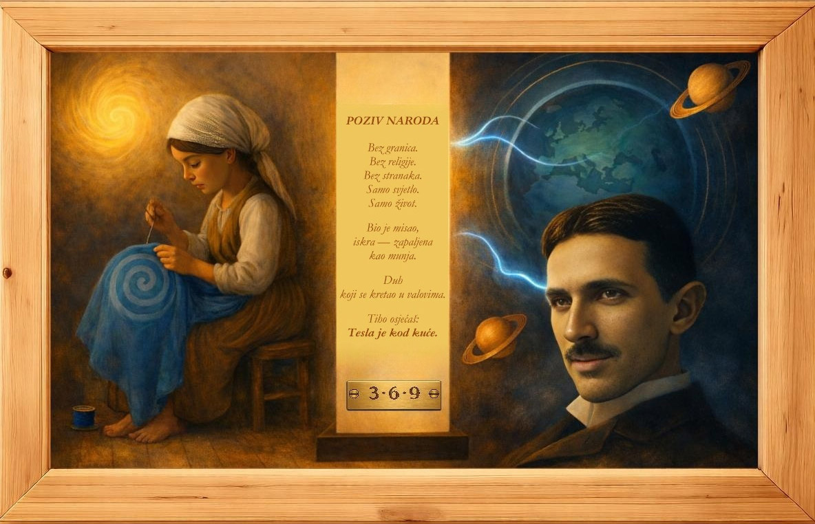 eine Bildkollage mit Nikola Tesla, einem Kind das Stickt und einem Gedicht