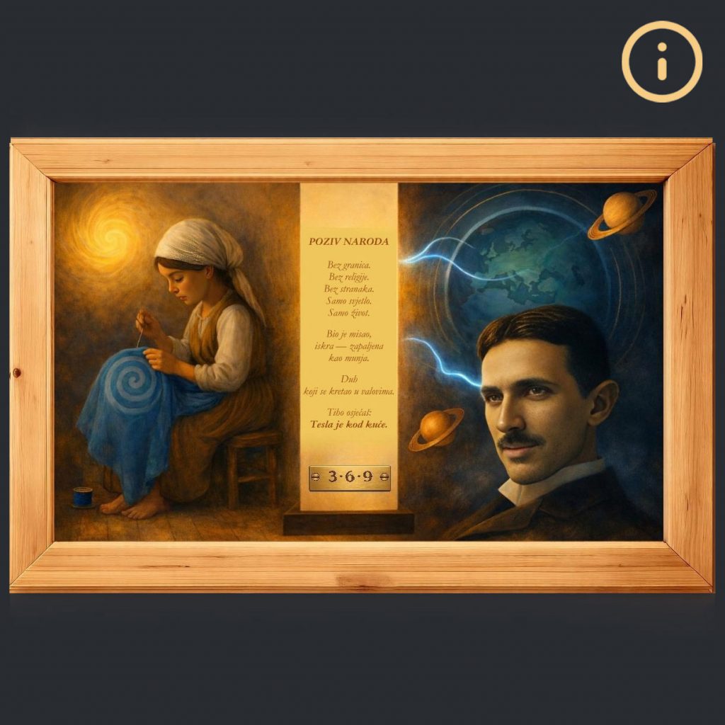 eine Bildkollage mit Nikola Tesla, einem Kind das Stickt und einem Gedicht